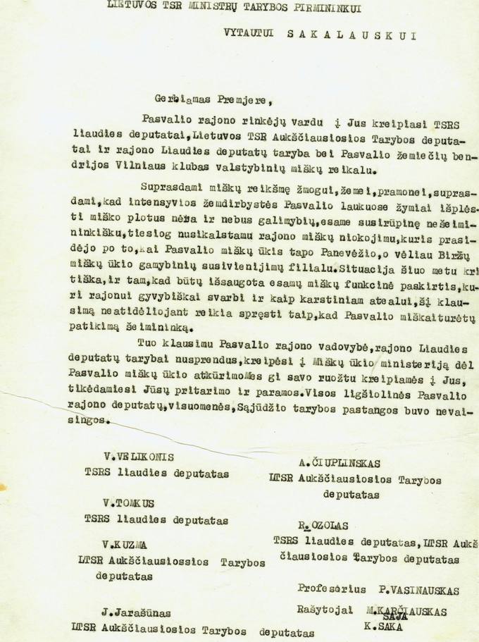 Kreipimasis į Lietuvos TSR Ministrų Tarybos Pirmininką Vytautą Sakalauską dėl Pasvalio rajono miškų ūkio atkūrimo